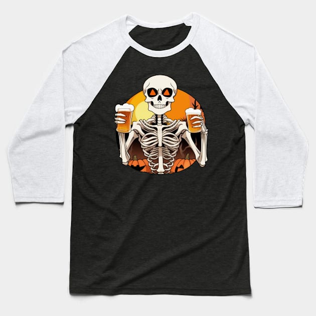 Skeleton Sunset Beer - Spooky and Stylish Halloween Theme Baseball T-Shirt by Rishirt